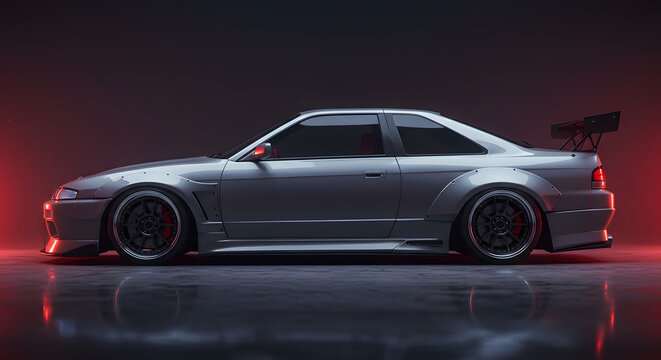 Sleek Silver Sports Car Side View with Aggressive Body Kit and Spoiler