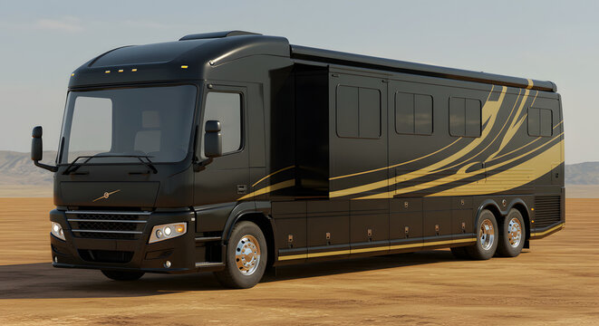 Sleek Black RV Motorhome Parked on Desert Landscape for Adventure Travel
