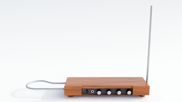a 3D rendering of a theremin in natural wood, a unique electronic musical instrument played without physical contact.