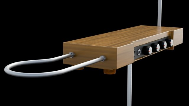 a 3D rendering of a theremin in natural wood, a unique electronic musical instrument played without physical contact.