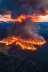 Fototapeta premium Wildfire spreading rapidly across forested landscape with smoke billowing into the sky during sunset, highlighting the destructive power of nature and climate change.