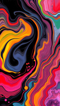 Fluid art texture. Abstract background with swirling paint effect. Liquid acrylic picture with mixed paints and bubbless. Can be used for interior poster. Black and rainbow overflowing colors, doodl