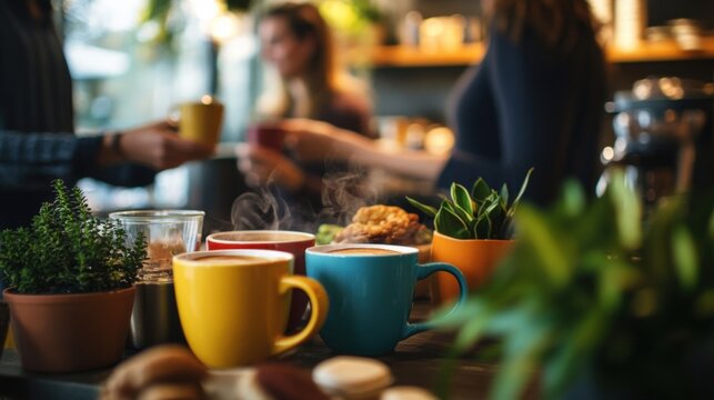Colorful coffee cups steaming on a cafe counter create a warm and inviting atmosphere, with blurred baristas serving customers in the background