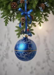 Hanging blue ornament with pinecones, mistletoe, and ribbons,  winter wonderland, Christmas decor,  ribbons