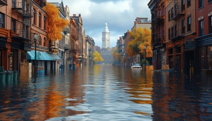Fototapeta premium Waterlogged City Street Aftermath Urban Flooding and Autumn Storm Damage Scene