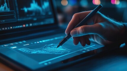 Software engineer developing innovative applications with a digital pen and tablet, while a laptop displays complex data charts, showcasing cutting edge technology in software development