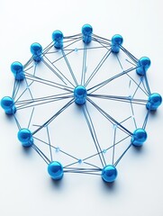 A network connected blue nodes on a white backdrop, symbolizing digital communication.