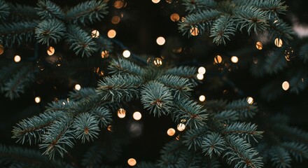 Close-up of evergreen boughs with soft lights and bokeh effect for holidays or winter