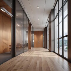 Obraz premium Modern office building interior with high-rise glass doors and wooden paneling, door, vertical, wood