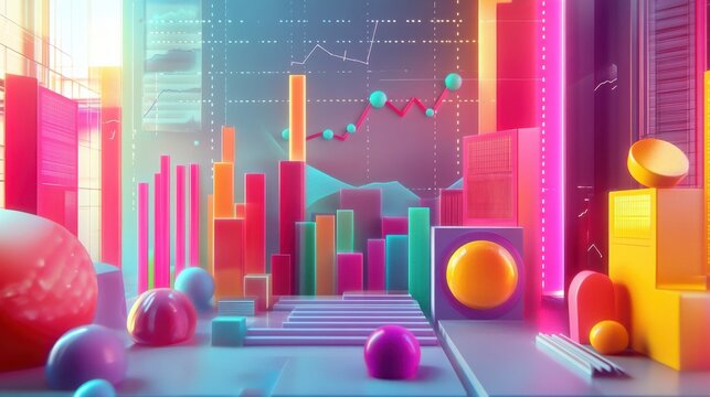 Stylized data visualization with colorful graphs and charts representing growth and analysis in a digital format.