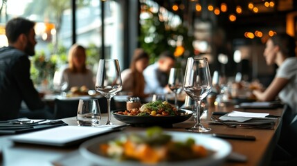 Empty wine glasses and a gourmet meal are set on a restaurant table, creating a sophisticated and inviting dining atmosphere, while in the background, people enjoy their meals and conversations