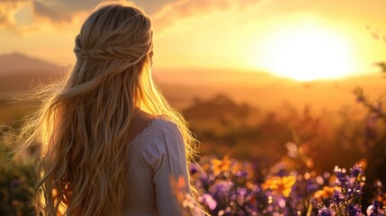 Obraz premium A young woman stands on a hillside, gazing at a vibrant sunset. Warm sunlight casts a golden glow over blooming flowers, creating a serene moment of reflection