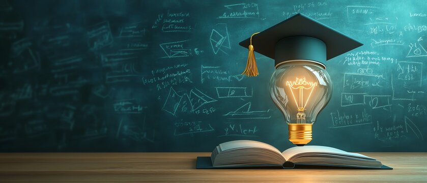 3D rendering of graduation cap on lightbulb, open book, education icons, chalkboard backdrop, innovative study symbols, academic success