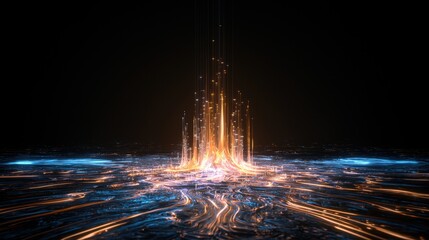 Bright streams of light emerge from the ground, creating a striking visual of swirling patterns in a dark space. The captivating colors blend dynamically, enhancing the atmosphere