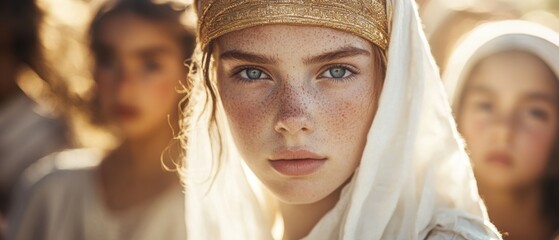 Portrait of a serene freckled teenage girl with blue eyes wearing a golden headpiece and white veil, surrounded by other children in soft sunlight Concept of innocence, beauty, and youth