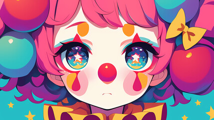 Naklejka premium Colorful clown character with vibrant hair and expressive eyes, set against a playful background