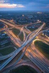 Fototapeta premium City highway interchange at sunset, aerial view of busy traffic, urban landscape with bright lights, transportation infrastructure, modern city life.