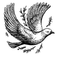 Vector engraved illustration of a bird in flight surrounded by foliage