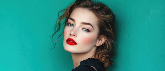 Naklejka premium Elegant Caucasian woman with red lipstick and blue eyes posing against a vibrant turquoise wall in a beauty and fashion portrait