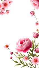 Floral banner, header with copy space. Pink and red peony isolated on pastel background. Natural flowers wallpaper or greeting card, Dynamic motion. with white shades