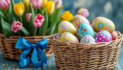 Fototapeta premium Easter eggs collection and wicker basket - decorated colorful eggs with polka dots, stripes and patterns. Set of bright holiday symbols with tulip flowers, blue bow for spring celebration design.