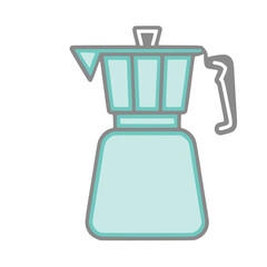 A light blue moka pot with a silver outline, featuring a spout and a black handle, used for brewing coffee.