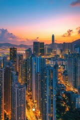 Fototapeta premium City skyline at sunset with skyscrapers, urban landscape, evening lights, traffic, metropolitan area, architecture, travel destination, Hong Kong.