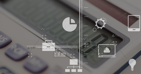 Image of data processing and media icons over calculator