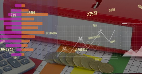 Image of data processing and diagrams over coins and calculator