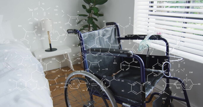 Image of chemical formula over empty wheelchair - Powered by Adobe