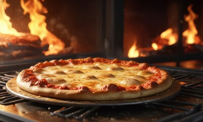 A perfectly cooked pizza with a golden crust and bubbly sauce, set against a fiery oven blaze,  sauce,  hot food,  fire