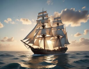 Fototapeta premium A sailing ship with billowing sails in a calm sea, blue sky, sailing ship, nautical theme