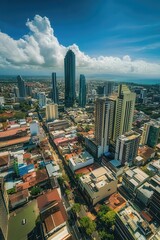 Naklejka premium City skyline view with modern skyscrapers and urban landscape under blue sky, showcasing bustling metropolitan life and development in a vibrant city.
