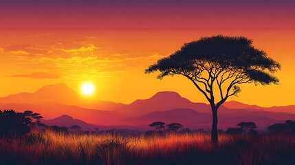 Naklejka premium Savannah Dusk Silhouetted Tree, African Plains