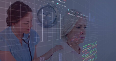 Image of diagrams and stock market over caucasian female doctor examining her patient