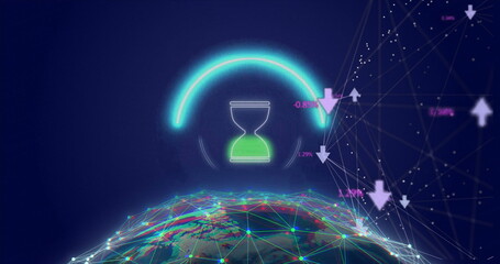 Image of hourglass icon over data processing and globe