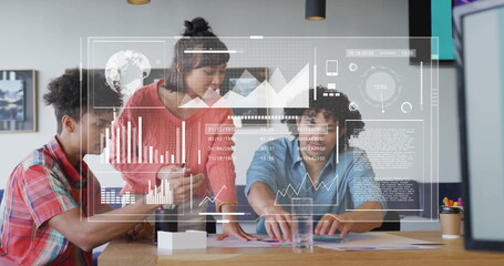 Image of data processing and diagrams over diverse colleagues discussing work