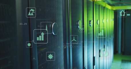 Image of data processing and ecology icons over server room