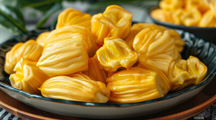 A plate of fresh jackfruit pieces, also known as the spectacle fruit, showcasing its bright yellow color and tropical texture.
