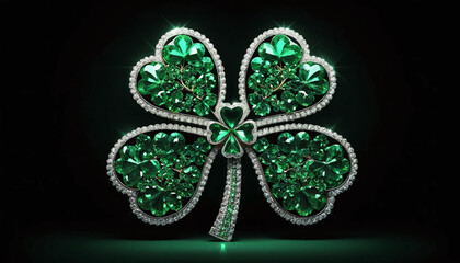 Shamrock symbol made of sparkling emeralds, dark background, dramatic lighting