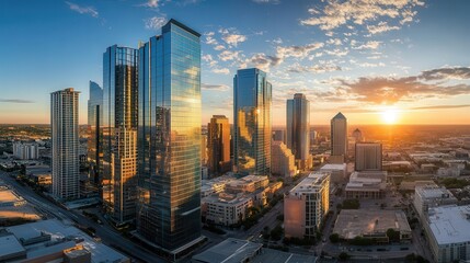 Fototapeta premium City skyline with modern skyscrapers at sunset, urban landscape view, architecture background, business district skyline, high-rise buildings, downtown sunset.