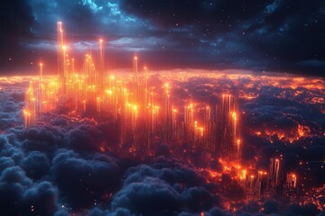 3d crystalline financial chart rising through clouds with glowing market data points and dynamic light trails