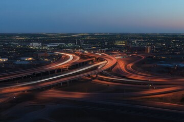 Fototapeta premium Cityscape at dusk with illuminated roads and highways, urban development, traffic light trails, skyline view, nighttime city lights, infrastructure transportation.