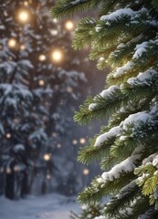Christmas Background with Fir Branches and Snowfall,  snowy scene,  Christmas lights,  winter wonderland