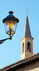 Church Steeple and Lamp Under Azure Sky
