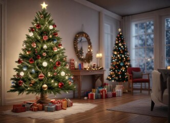 Christmas tree decorated with ornaments and lights,  twinkling,  festive
