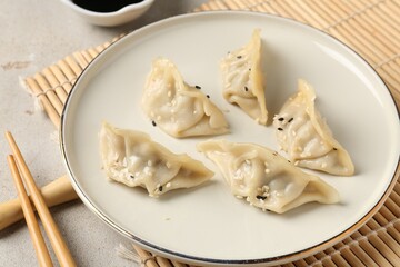 Delicious gyoza dumplings with sesame seeds served on light table, closeup