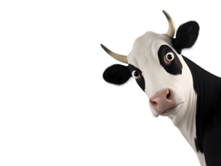 Funny surprised cow with striking features isolated on transparent background.