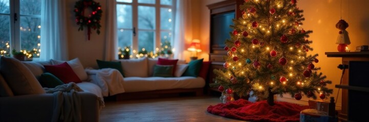 Cozy Christmas tree setup in a living room with colorful decorations and twinkling lights , holiday, home