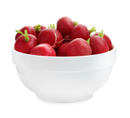 Fresh ripe radishes in bowl isolated on white